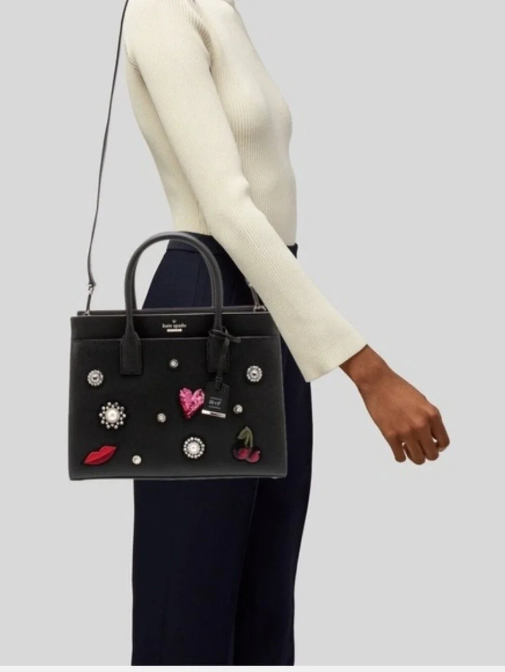 Kate Spade Black Leather & Embellished Applique Satchel w/ 2 Straps EUC